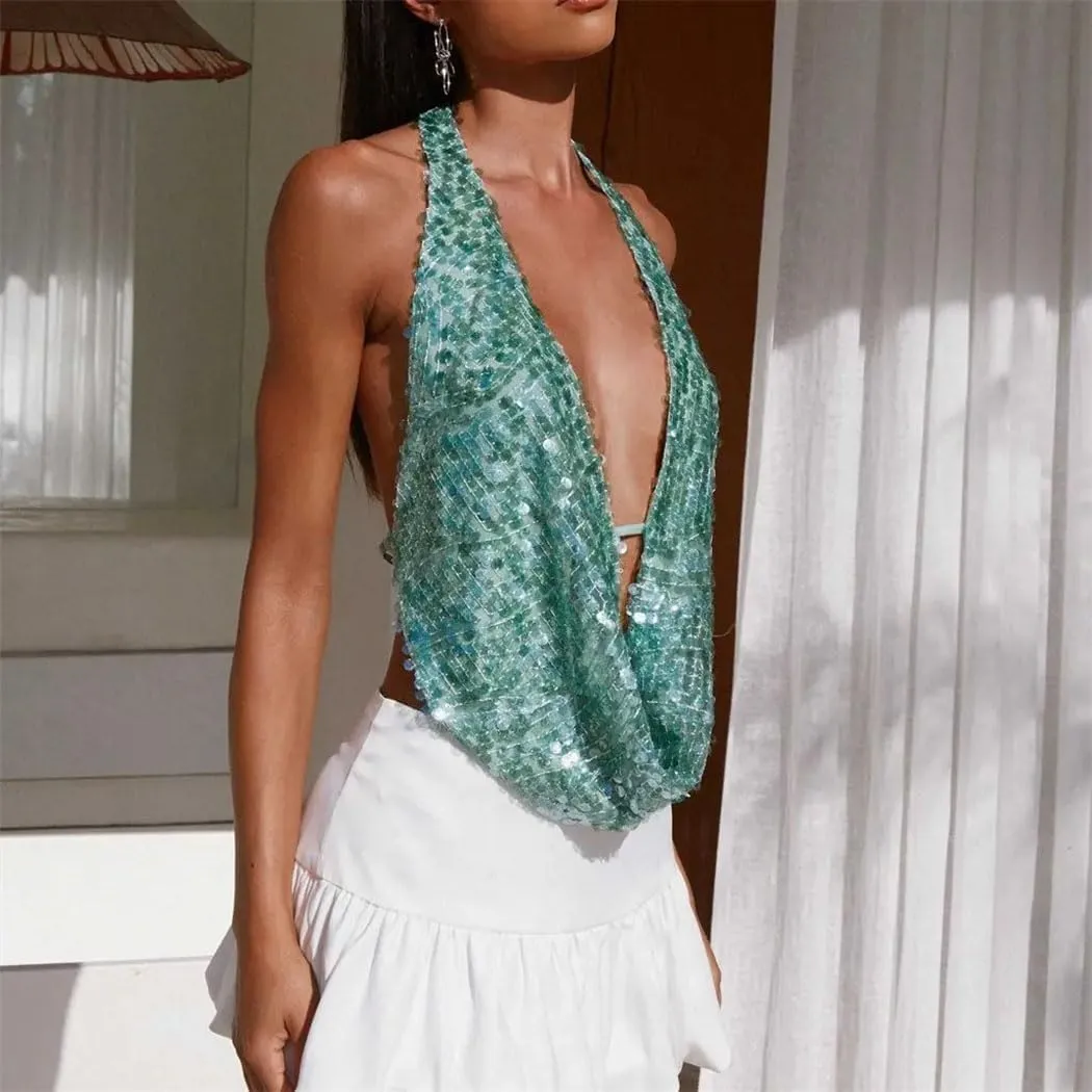 Women's Summer Solid Color Sequined Female Crop Tank Tops Halter Deep V-Neck Backless Y2K Sexy Glitter Vests