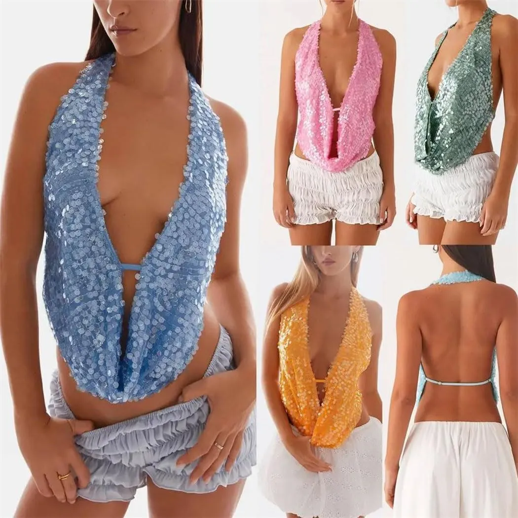 Women's Summer Solid Color Sequined Female Crop Tank Tops Halter Deep V-Neck Backless Y2K Sexy Glitter Vests