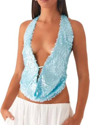 Women's Summer Solid Color Sequined Female Crop Tank Tops Halter Deep V-Neck Backless Y2K Sexy Glitter Vests