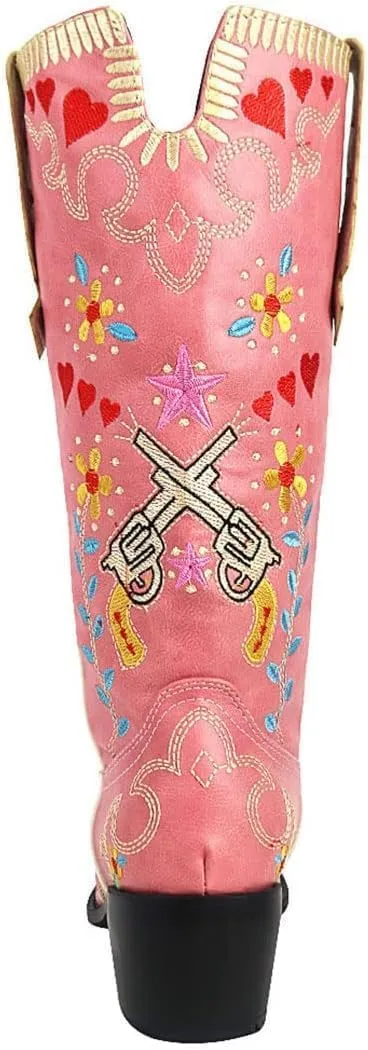 Women's Swallow Floral Embroidered Cowgirl Boots - Chunky Low Heels - Handmade Rivets - Western Cowboy Knee High Boots - Pull On - Blue, Black, Green - Patchwork - Wide Calf