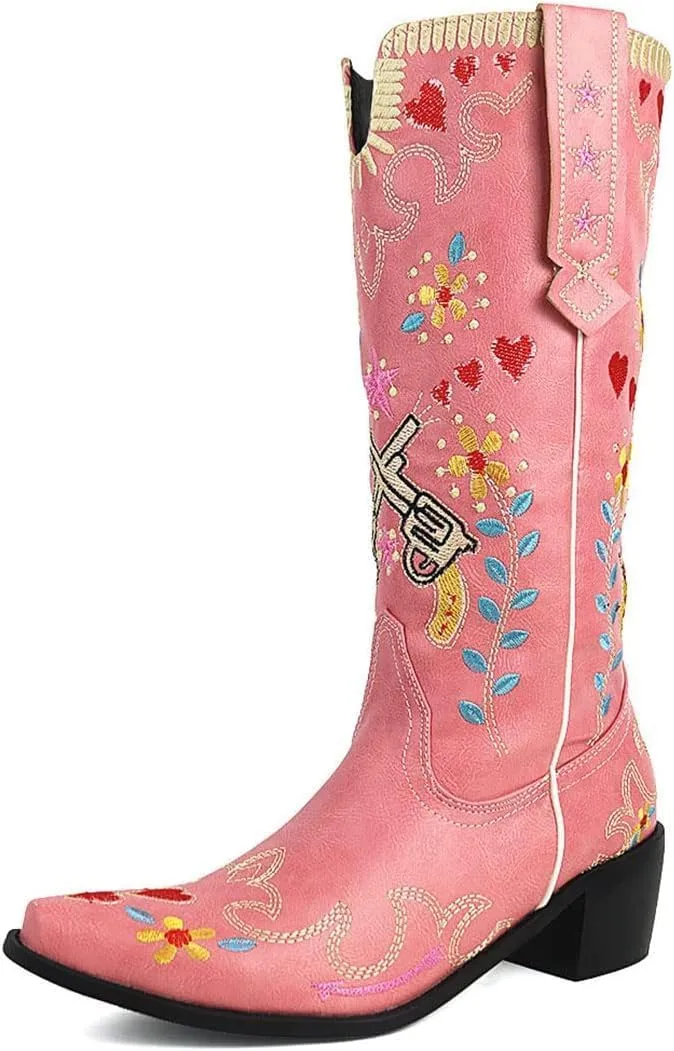 Women's Swallow Floral Embroidered Cowgirl Boots - Chunky Low Heels - Handmade Rivets - Western Cowboy Knee High Boots - Pull On - Blue, Black, Green - Patchwork - Wide Calf