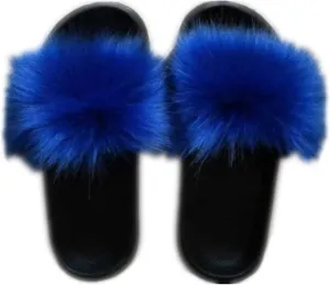 Women's Vegan Faux Fur Slippers Fuzzy Slides Fluffy Sandals Open Toe Indoor Outdoor (12, Blue)