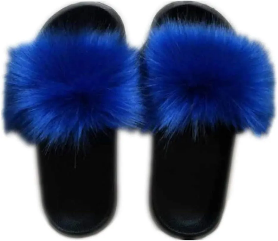 Women's Vegan Faux Fur Slippers Fuzzy Slides Fluffy Sandals Open Toe Indoor Outdoor (12, Blue)
