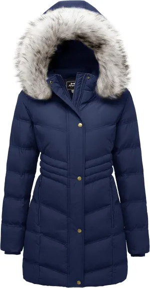 Women's Winter Long Puffer Coat Parka Jacket with Faux Fur Removable Hood