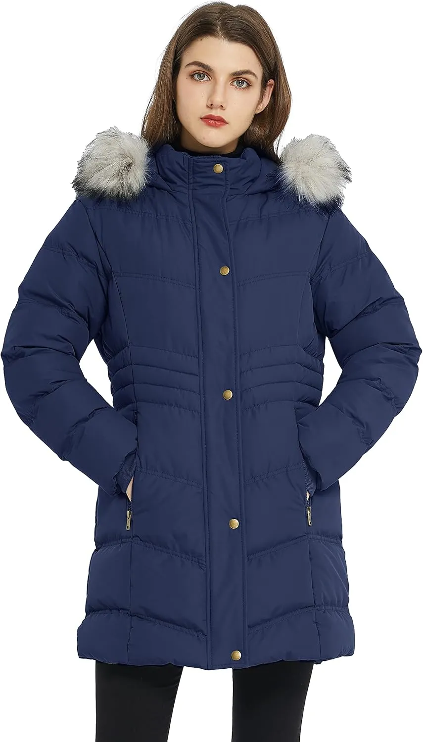 Women's Winter Long Puffer Coat Parka Jacket with Faux Fur Removable Hood