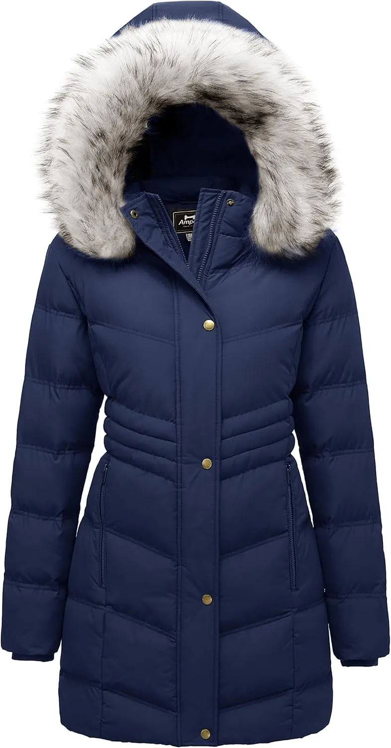 Women's Winter Long Puffer Coat Parka Jacket with Faux Fur Removable Hood