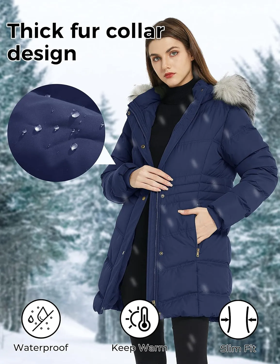 Women's Winter Long Puffer Coat Parka Jacket with Faux Fur Removable Hood