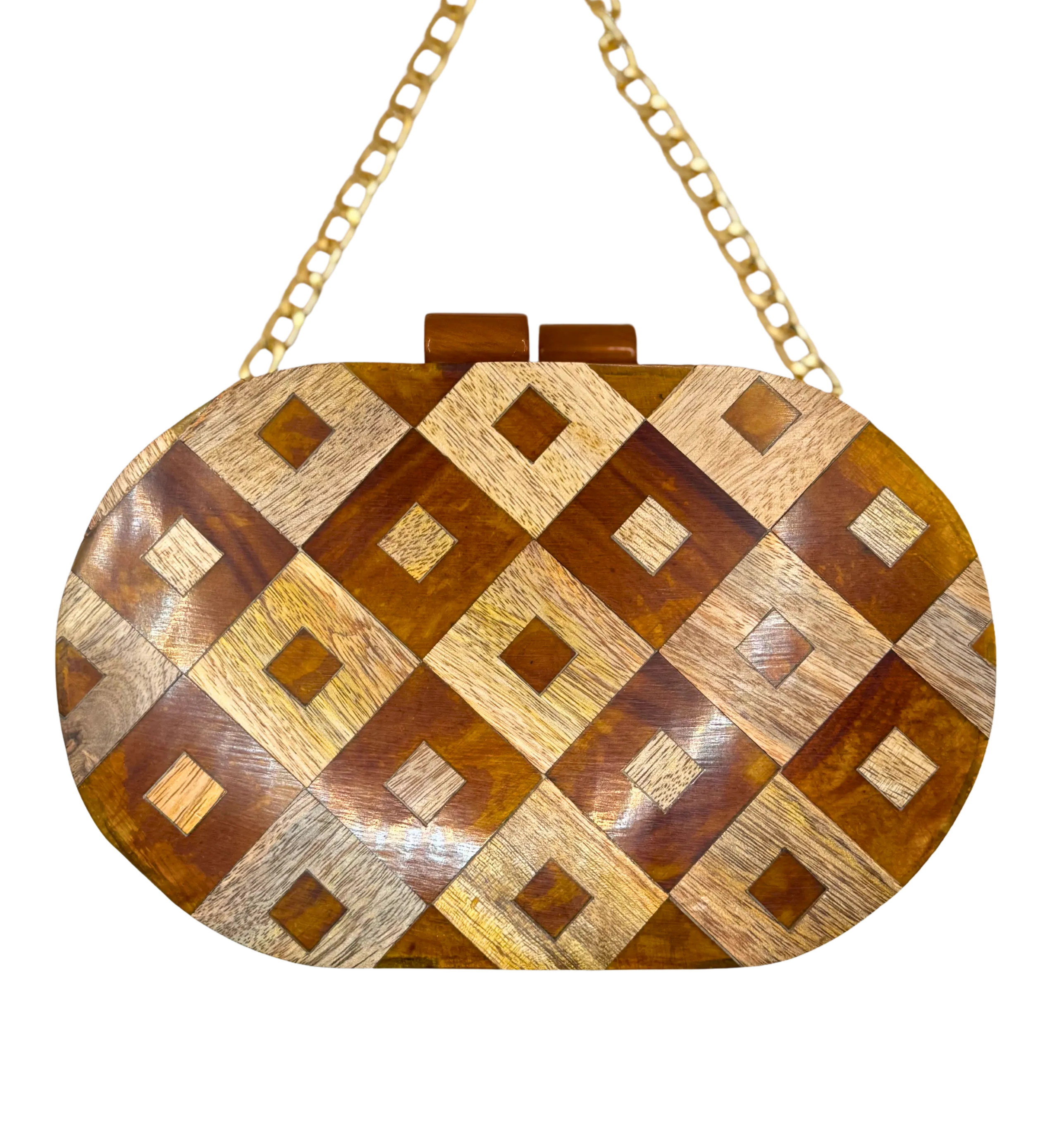Wood Inlay Oval Box Clutch