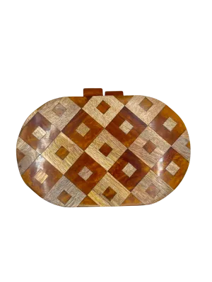 Wood Inlay Oval Box Clutch