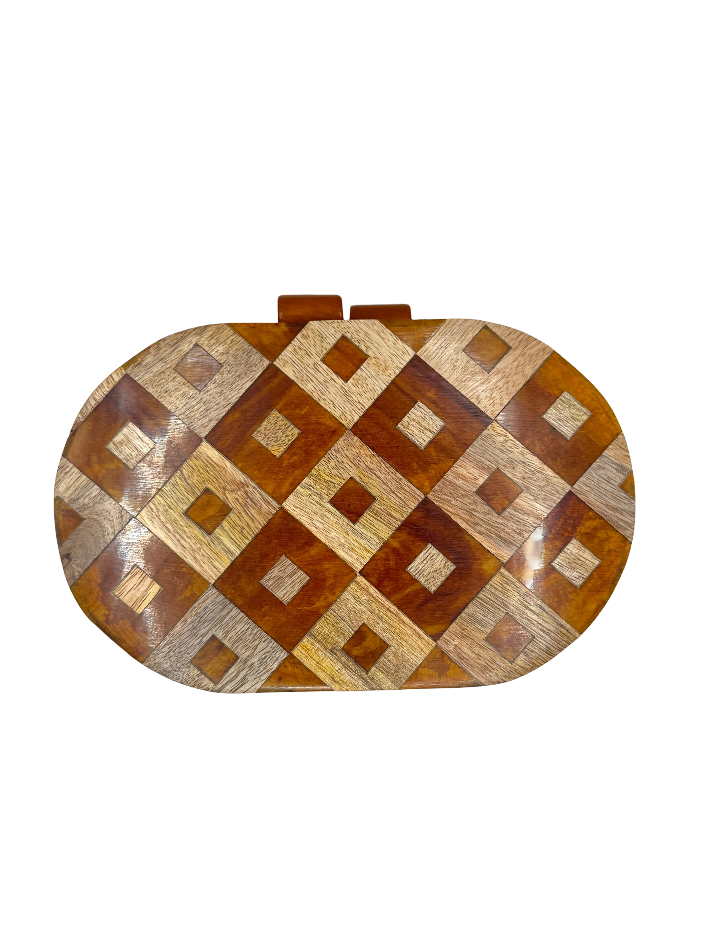 Wood Inlay Oval Box Clutch
