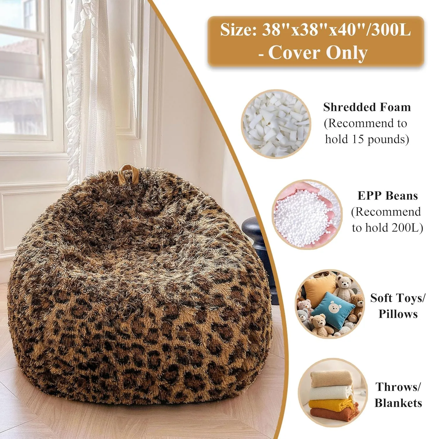XeGe Faux Fur Leopard Print Bean Bag Chair Cover (No Filler), Fluffy Stuffed Animal Storage Cheetah Bean Bag Home Decor, Furry Fuzzy Big Beanbag Cover for Adults Teens Kids Girls, Anti-Slip, Brown