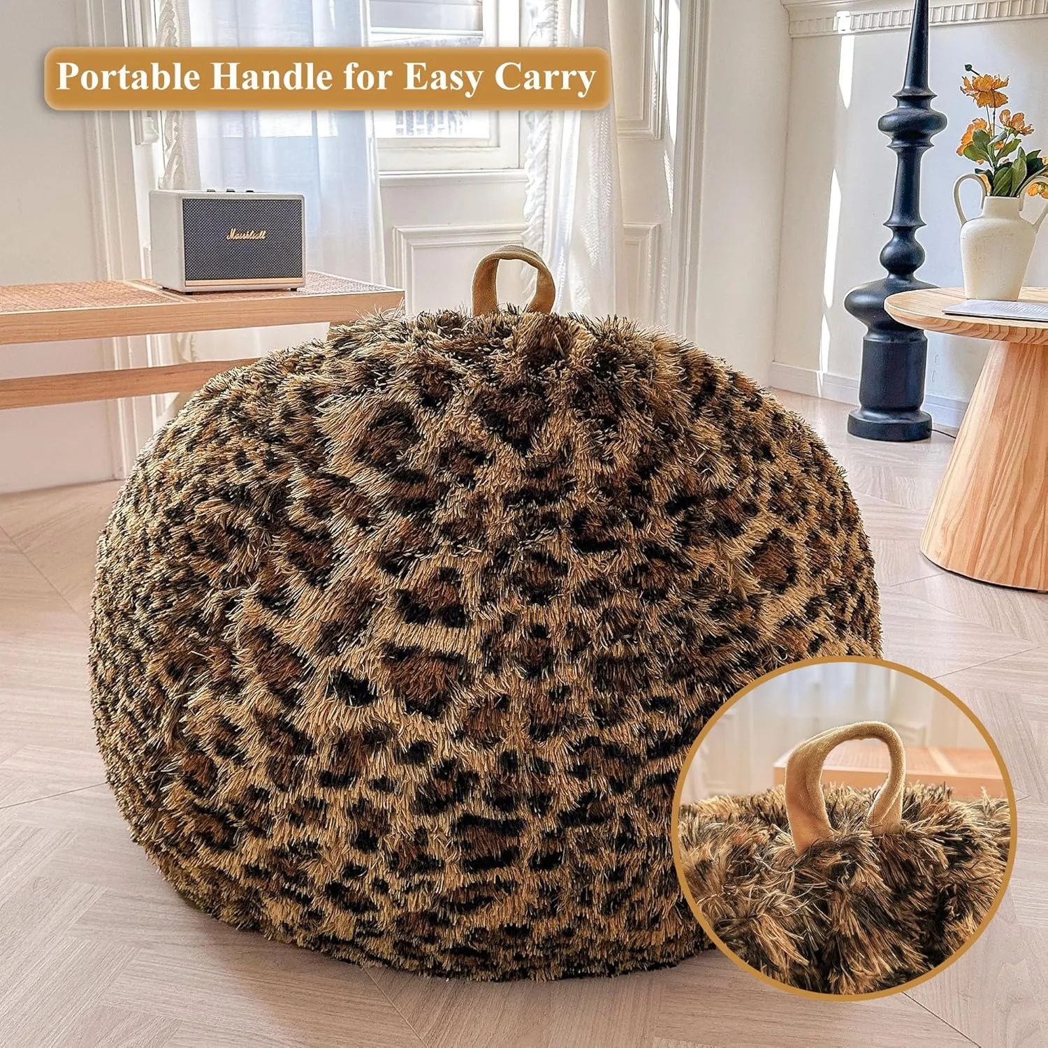 XeGe Faux Fur Leopard Print Bean Bag Chair Cover (No Filler), Fluffy Stuffed Animal Storage Cheetah Bean Bag Home Decor, Furry Fuzzy Big Beanbag Cover for Adults Teens Kids Girls, Anti-Slip, Brown