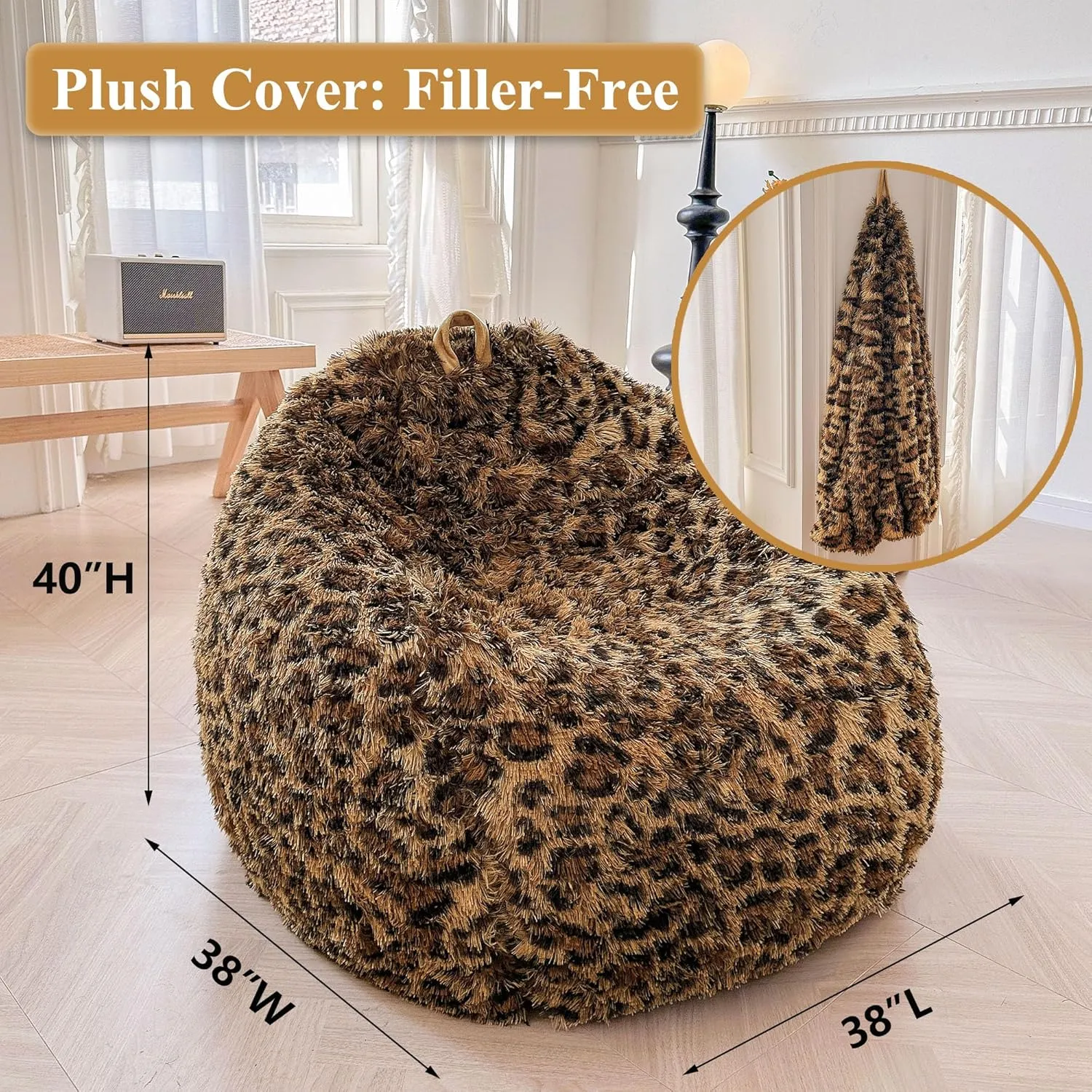 XeGe Faux Fur Leopard Print Bean Bag Chair Cover (No Filler), Fluffy Stuffed Animal Storage Cheetah Bean Bag Home Decor, Furry Fuzzy Big Beanbag Cover for Adults Teens Kids Girls, Anti-Slip, Brown