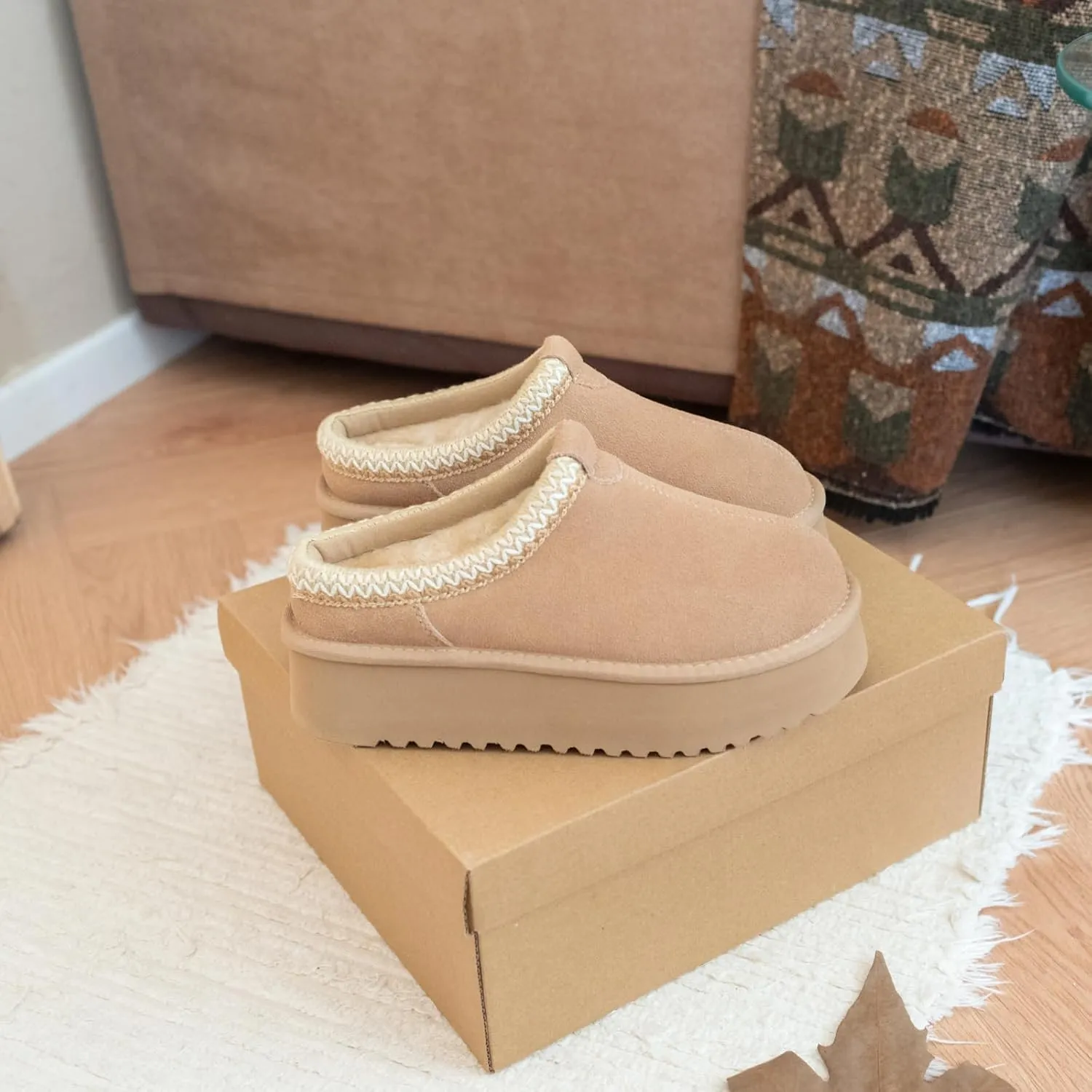 XIXITIAO Slippers for Women Suede Leather Platform Slippers Slip on Cozy Winter Womens House Slippers for Indoor Outdoor