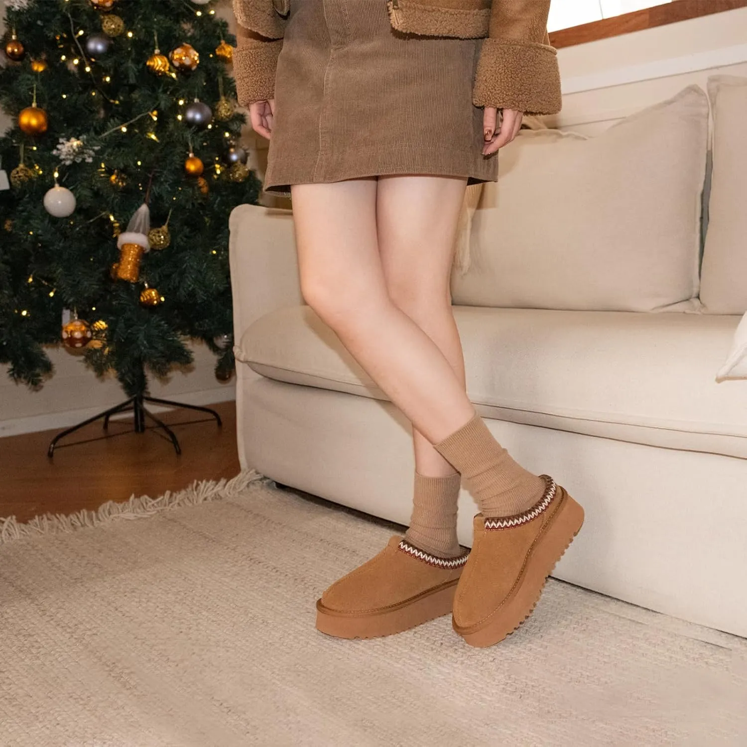 XIXITIAO Slippers for Women Suede Leather Platform Slippers Slip on Cozy Winter Womens House Slippers for Indoor Outdoor