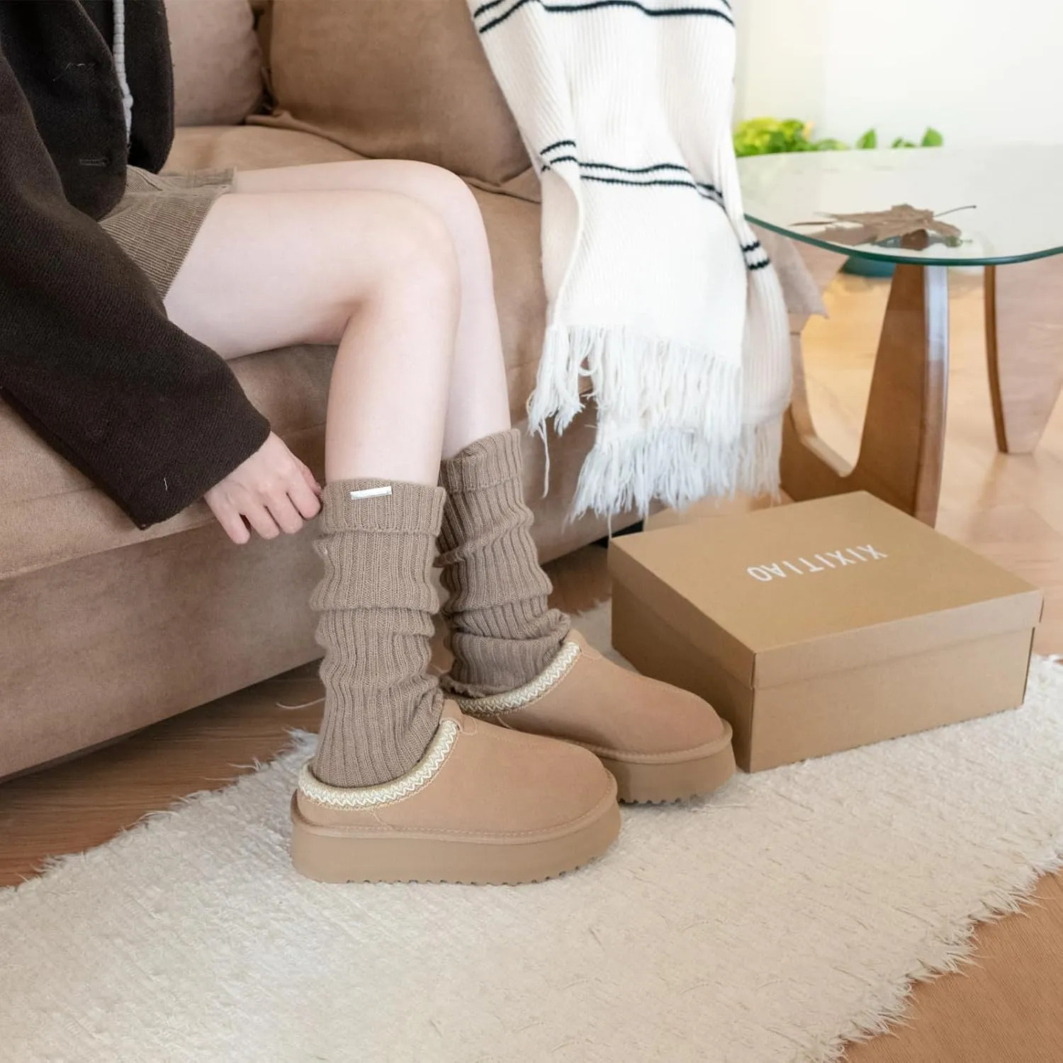 XIXITIAO Slippers for Women Suede Leather Platform Slippers Slip on Cozy Winter Womens House Slippers for Indoor Outdoor