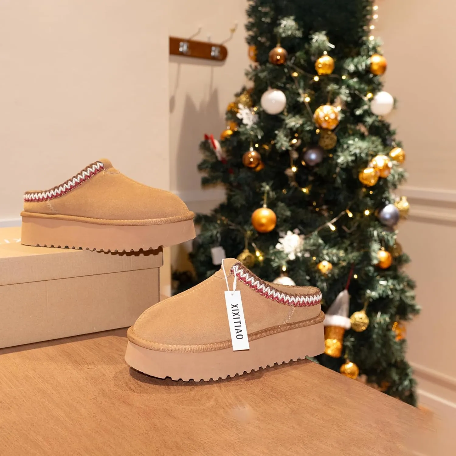 XIXITIAO Slippers for Women Suede Leather Platform Slippers Slip on Cozy Winter Womens House Slippers for Indoor Outdoor