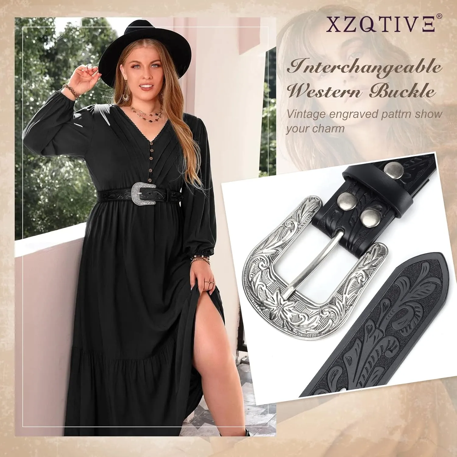 XZQTIVE Women Men Genuine Leather Belt Vintage Ladies Western Belt Engraved Tooled Leather Belt Cowboy Cowgirl Country Belt