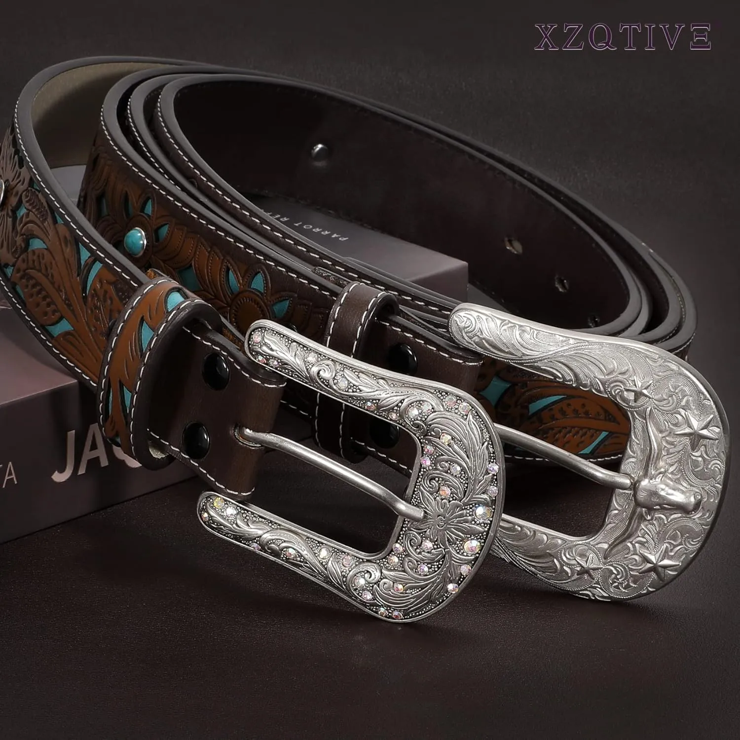 XZQTIVE Women Men Genuine Leather Belt Vintage Ladies Western Belt Engraved Tooled Leather Belt Cowboy Cowgirl Country Belt