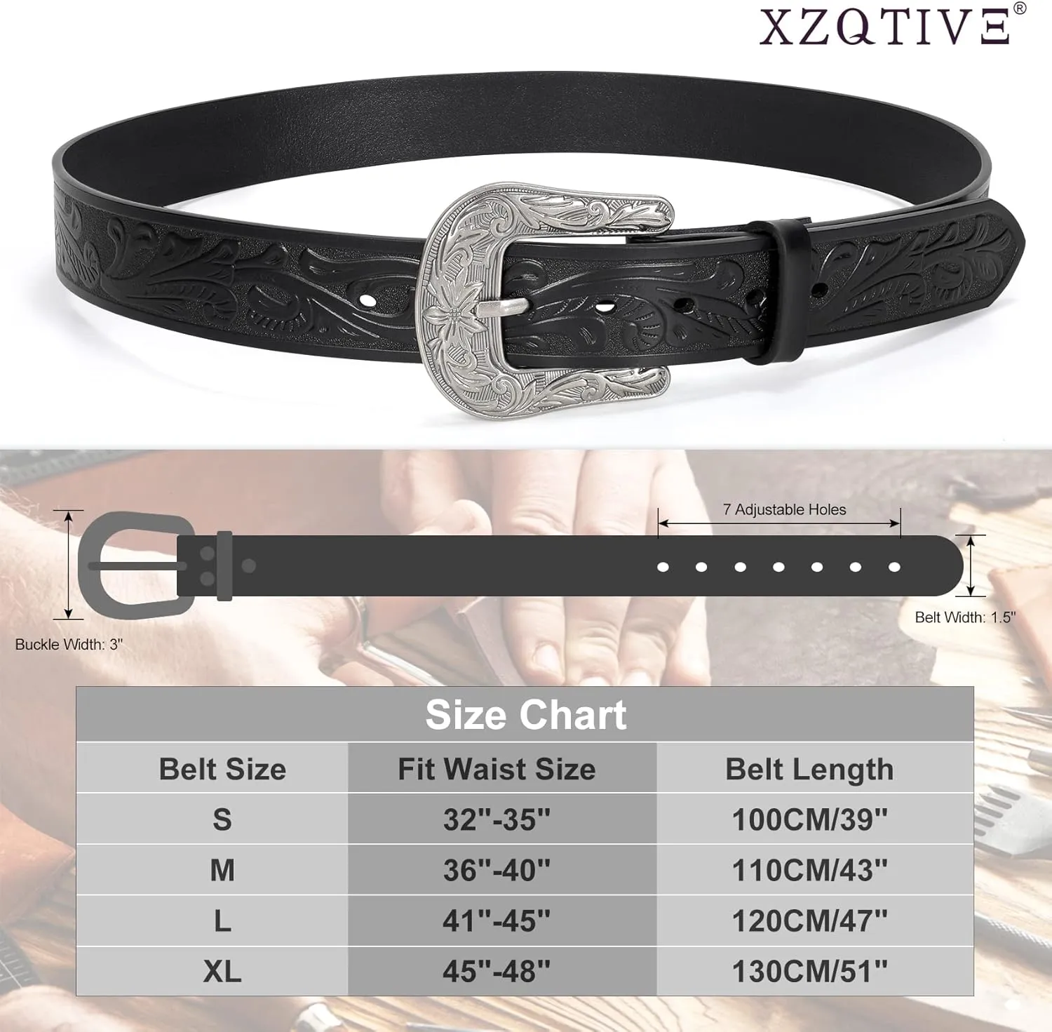 XZQTIVE Women Men Genuine Leather Belt Vintage Ladies Western Belt Engraved Tooled Leather Belt Cowboy Cowgirl Country Belt