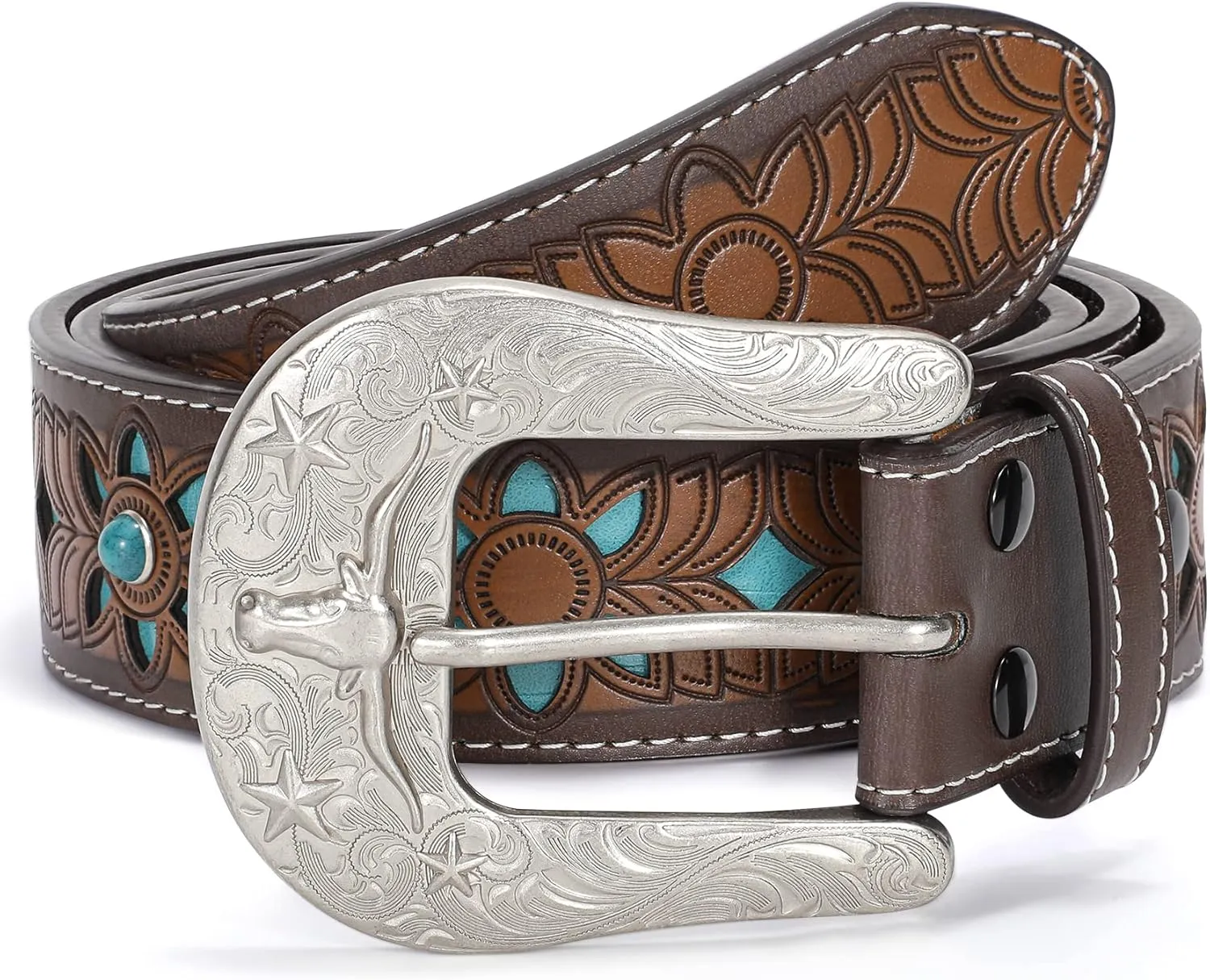 XZQTIVE Women Men Genuine Leather Belt Vintage Ladies Western Belt Engraved Tooled Leather Belt Cowboy Cowgirl Country Belt