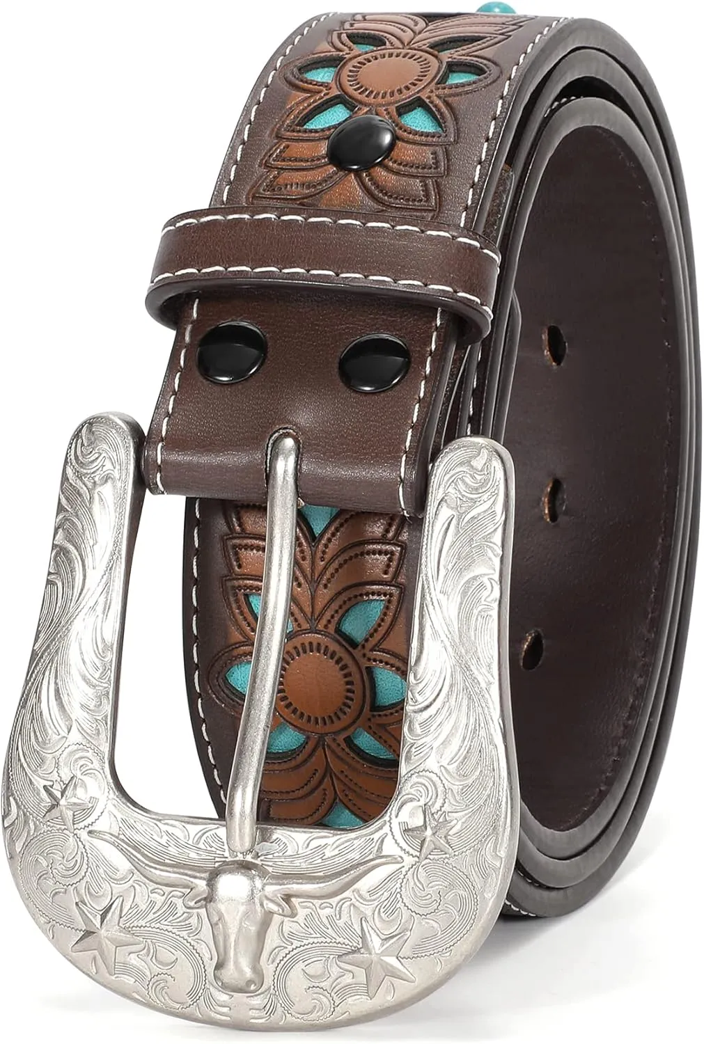 XZQTIVE Women Men Genuine Leather Belt Vintage Ladies Western Belt Engraved Tooled Leather Belt Cowboy Cowgirl Country Belt
