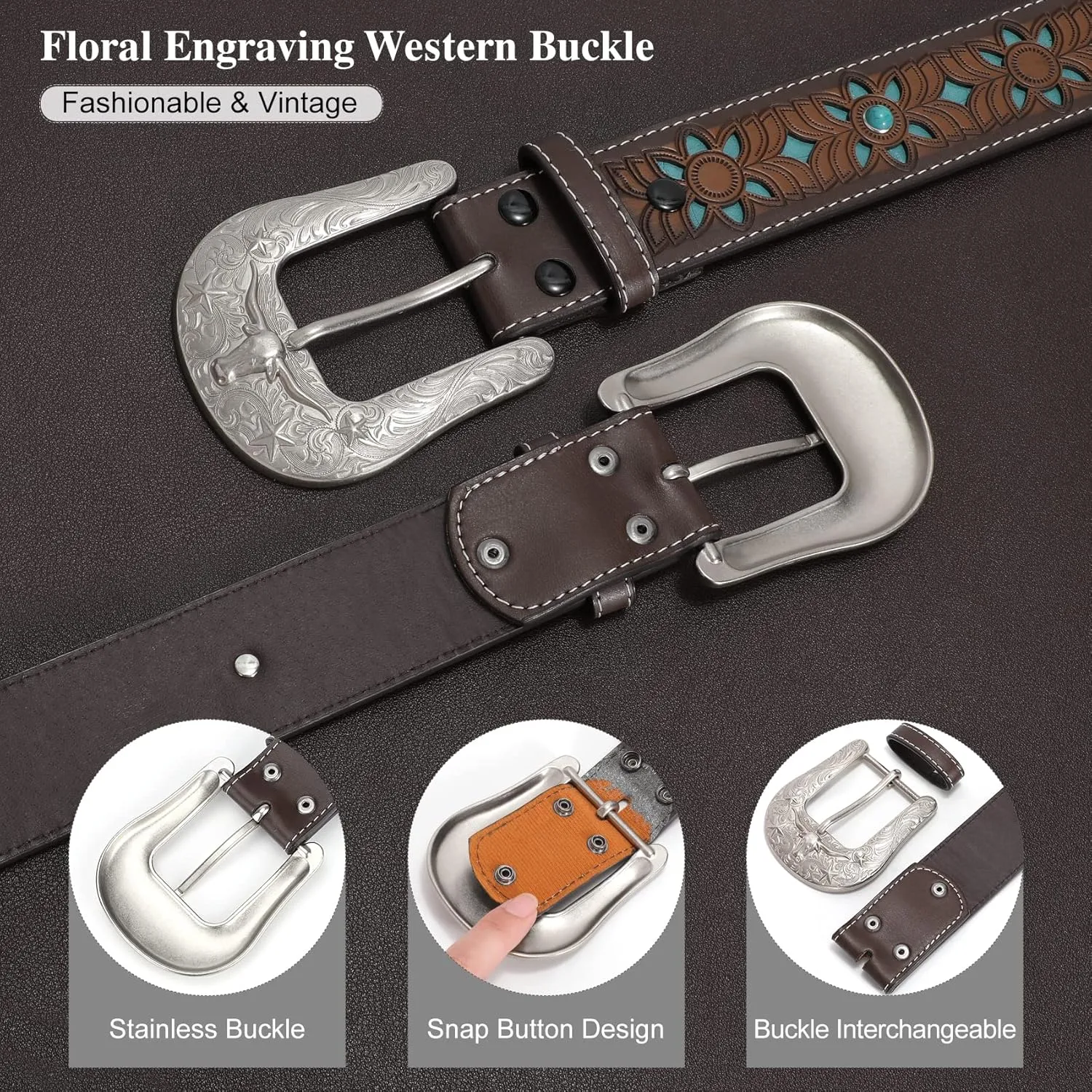 XZQTIVE Women Men Genuine Leather Belt Vintage Ladies Western Belt Engraved Tooled Leather Belt Cowboy Cowgirl Country Belt