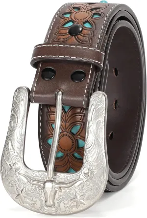 XZQTIVE Women Men Genuine Leather Belt Vintage Ladies Western Belt Engraved Tooled Leather Belt Cowboy Cowgirl Country Belt