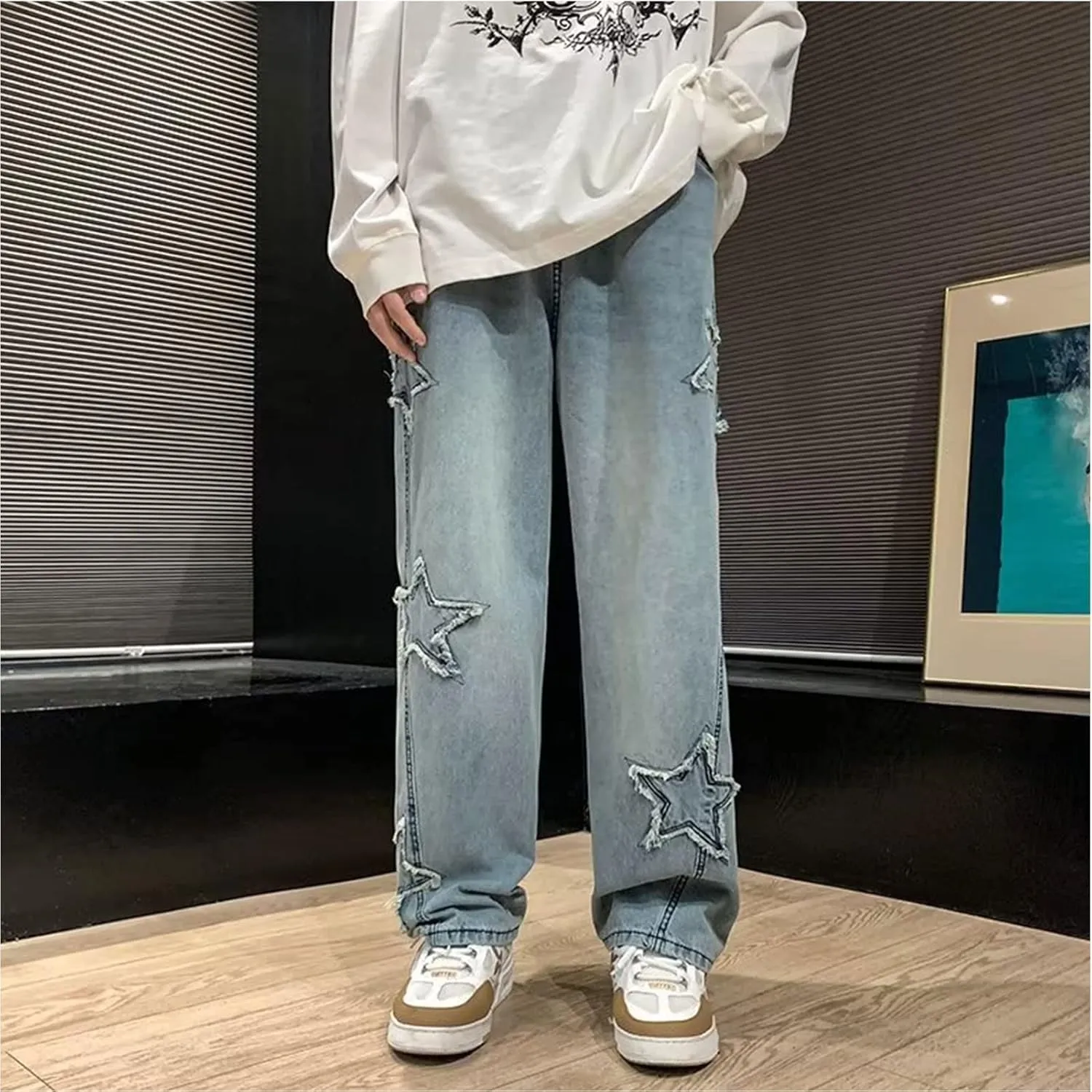 Y2k Star Jeans Men Graphic Baggy Jeans Emo Star Pants Grunge Patchwork Pants Streetwear