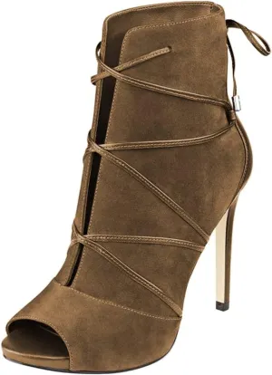 YDN Women Peep Toe Faux Suede Ankle Booties Platform Stiletto High Heels Lace Up Cutout Comfort Shoes 4-15