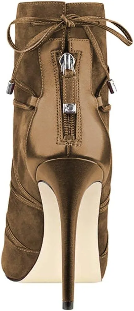 YDN Women Peep Toe Faux Suede Ankle Booties Platform Stiletto High Heels Lace Up Cutout Comfort Shoes 4-15