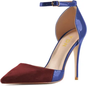 YDN Women Sexy Pointed Toe Stiletto High Heel Ankle Strap Sandals D'orsay Patchwork Pumps Dress Shoes with Buckle Size 4-16 US