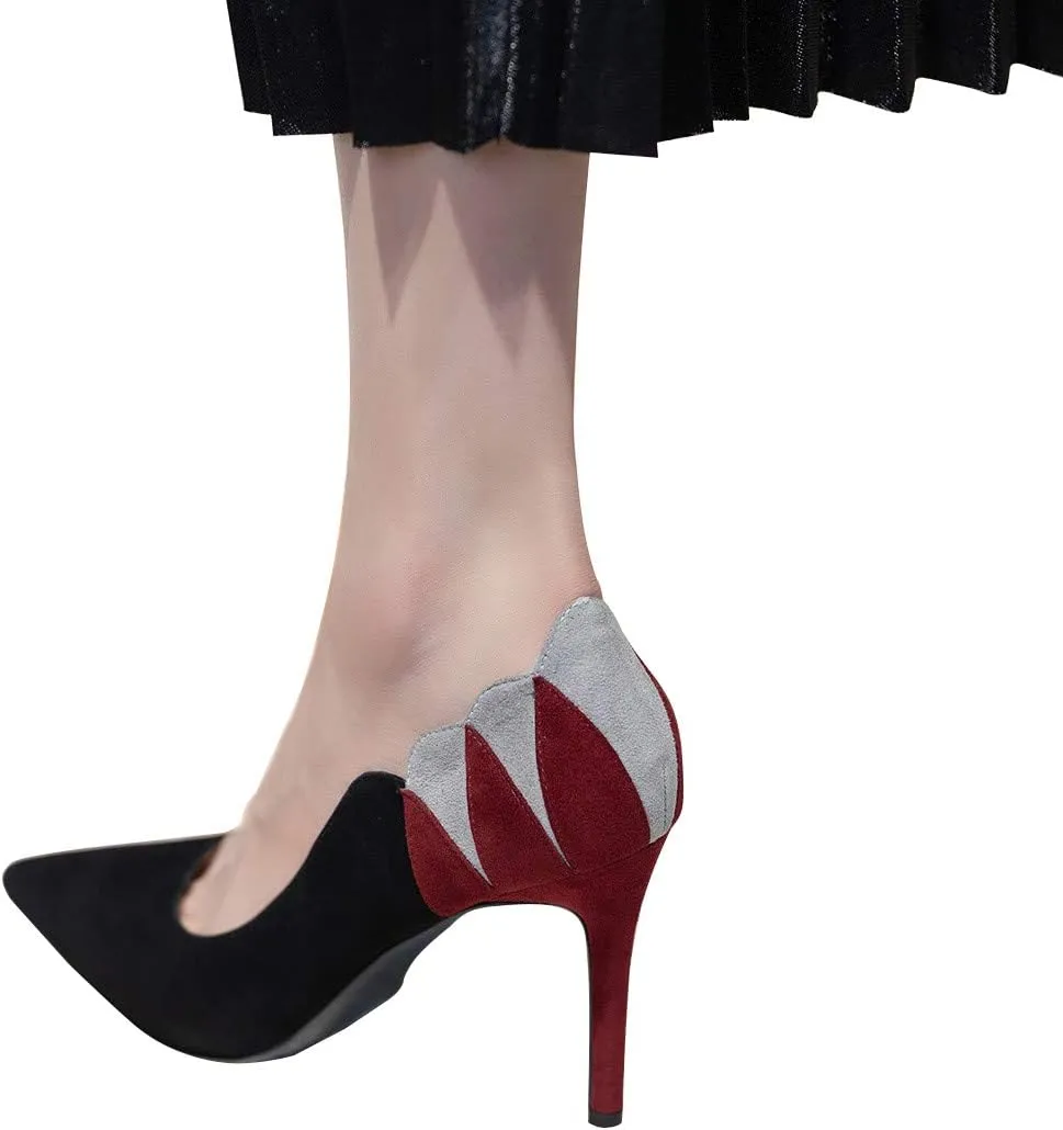 YDN Women Suede Pointed Toe Pumps Mid Heel Stilettos Leaf Print Patchwork Slip On Party Dress Shoes 4-15 US
