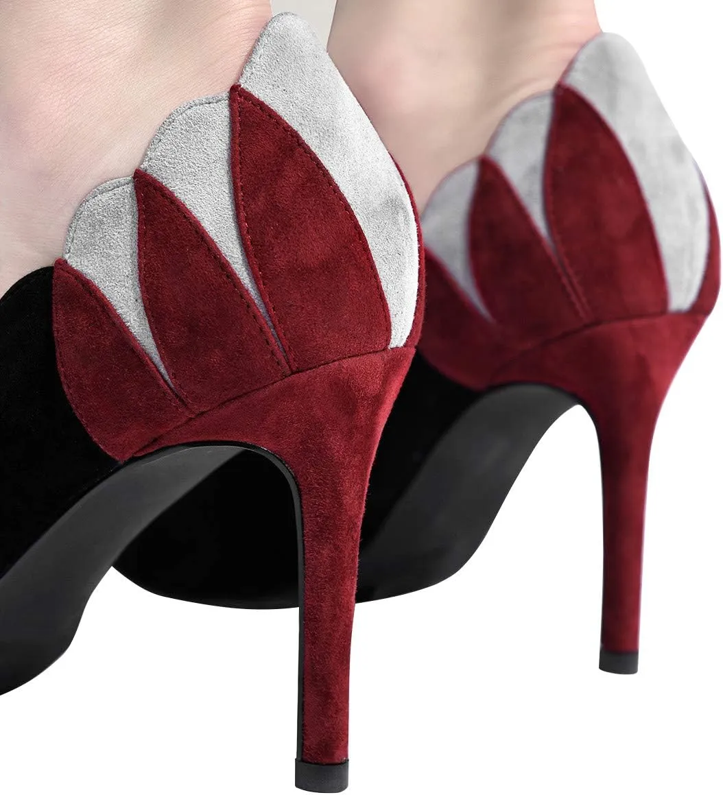 YDN Women Suede Pointed Toe Pumps Mid Heel Stilettos Leaf Print Patchwork Slip On Party Dress Shoes 4-15 US