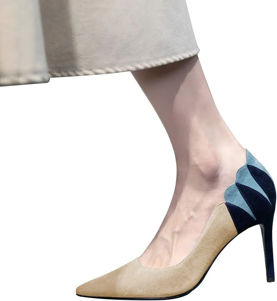 YDN Women Suede Pointed Toe Pumps Mid Heel Stilettos Leaf Print Patchwork Slip On Party Dress Shoes 4-15 US