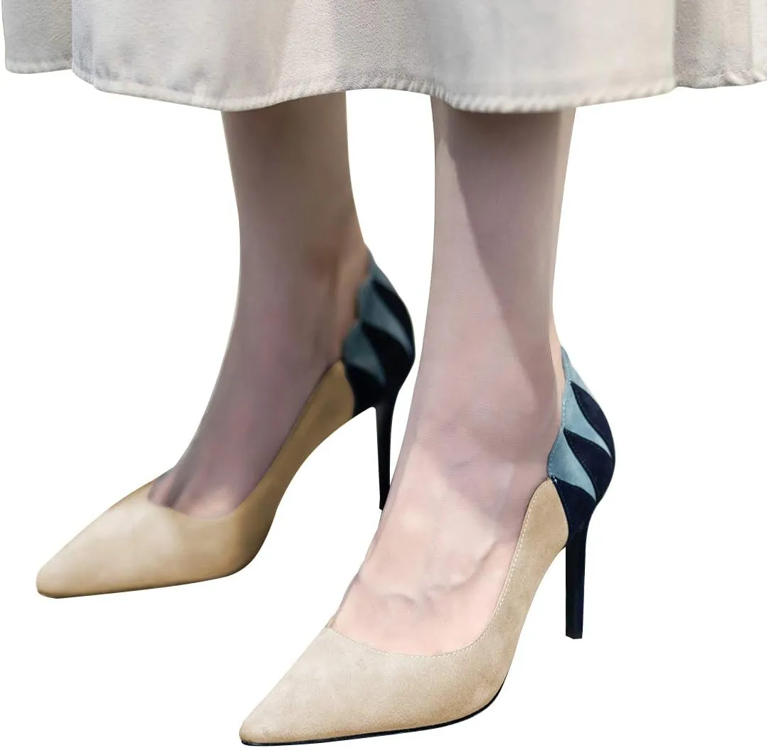 YDN Women Suede Pointed Toe Pumps Mid Heel Stilettos Leaf Print Patchwork Slip On Party Dress Shoes 4-15 US