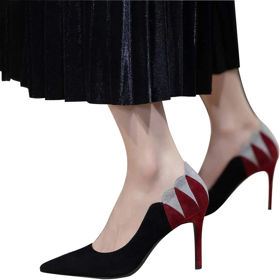 YDN Women Suede Pointed Toe Pumps Mid Heel Stilettos Leaf Print Patchwork Slip On Party Dress Shoes 4-15 US