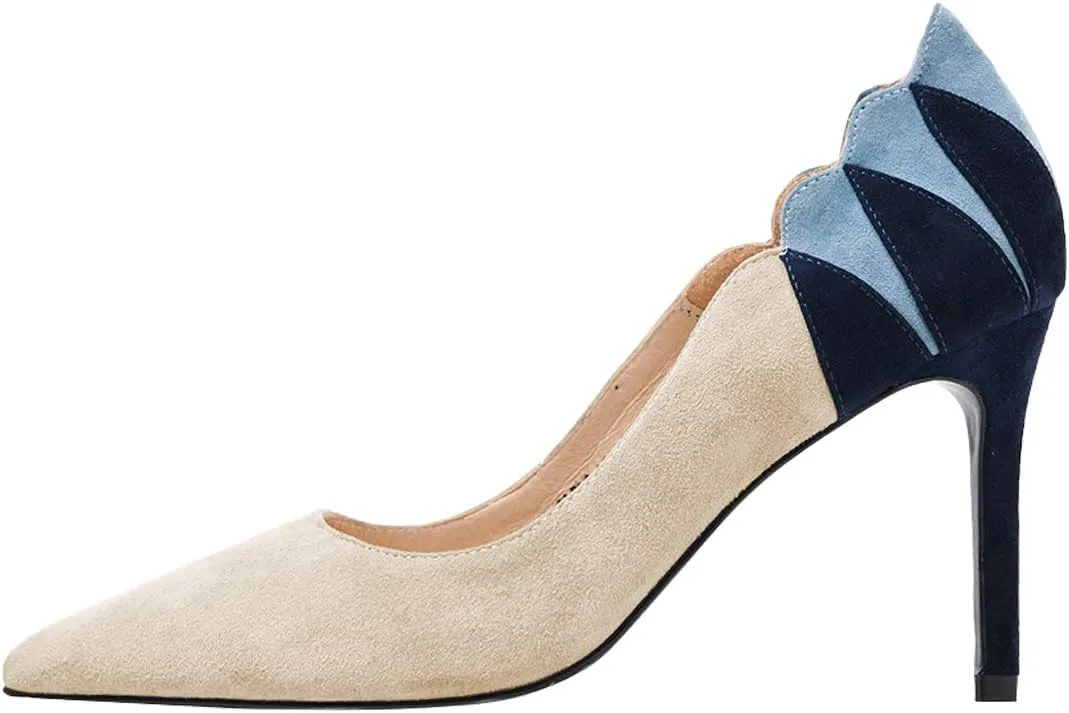 YDN Women Suede Pointed Toe Pumps Mid Heel Stilettos Leaf Print Patchwork Slip On Party Dress Shoes 4-15 US