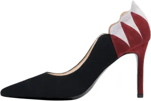 YDN Women Suede Pointed Toe Pumps Mid Heel Stilettos Leaf Print Patchwork Slip On Party Dress Shoes 4-15 US
