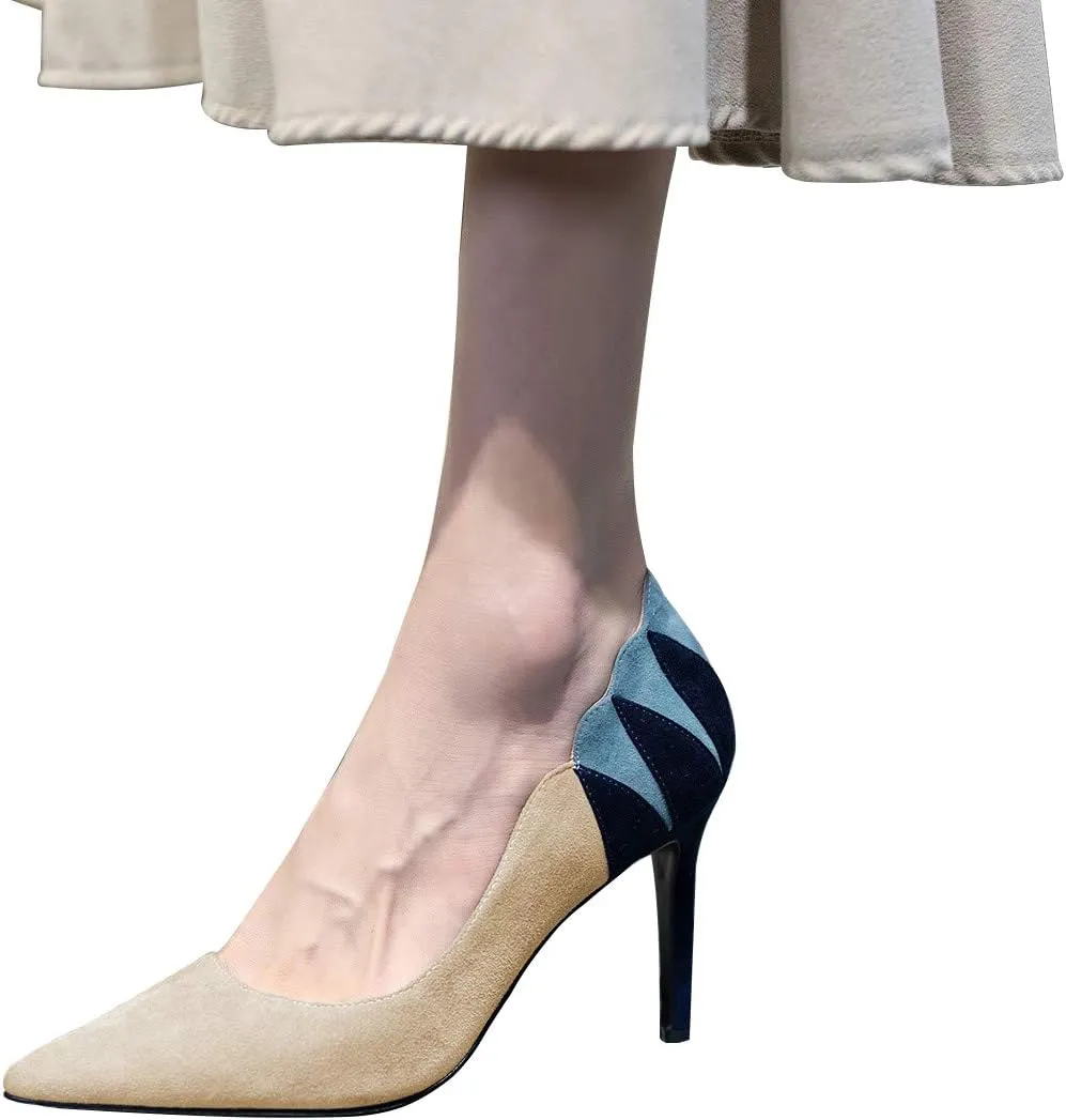 YDN Women Suede Pointed Toe Pumps Mid Heel Stilettos Leaf Print Patchwork Slip On Party Dress Shoes 4-15 US