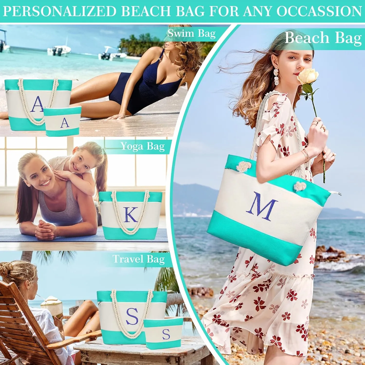 YOOLIFE Beach Bags for Women - Initial Canvas Tote Waterproof Bag with Makeup Bag Gifts for Women Mom Friend Birthday Her