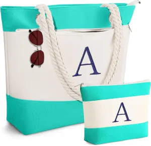 YOOLIFE Beach Bags for Women - Initial Canvas Tote Waterproof Bag with Makeup Bag Gifts for Women Mom Friend Birthday Her