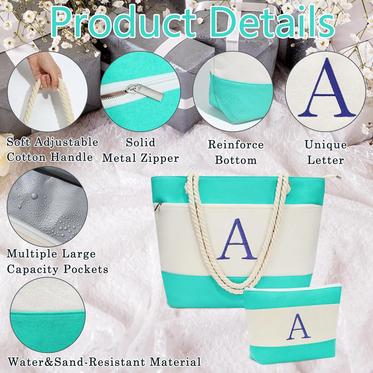 YOOLIFE Beach Bags for Women - Initial Canvas Tote Waterproof Bag with Makeup Bag Gifts for Women Mom Friend Birthday Her