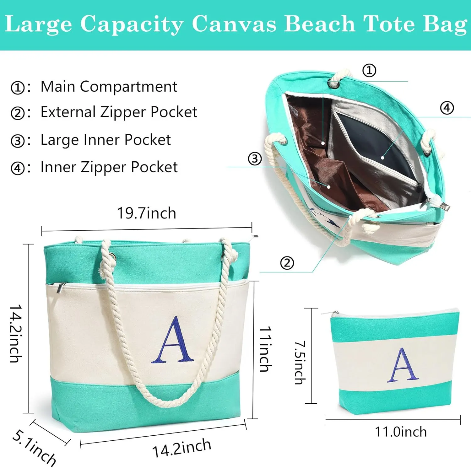 YOOLIFE Beach Bags for Women - Initial Canvas Tote Waterproof Bag with Makeup Bag Gifts for Women Mom Friend Birthday Her
