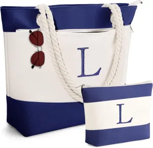 YOOLIFE Beach Bags for Women - Initial Canvas Tote Waterproof Bag with Makeup Bag Gifts for Women Mom Friend Birthday Her