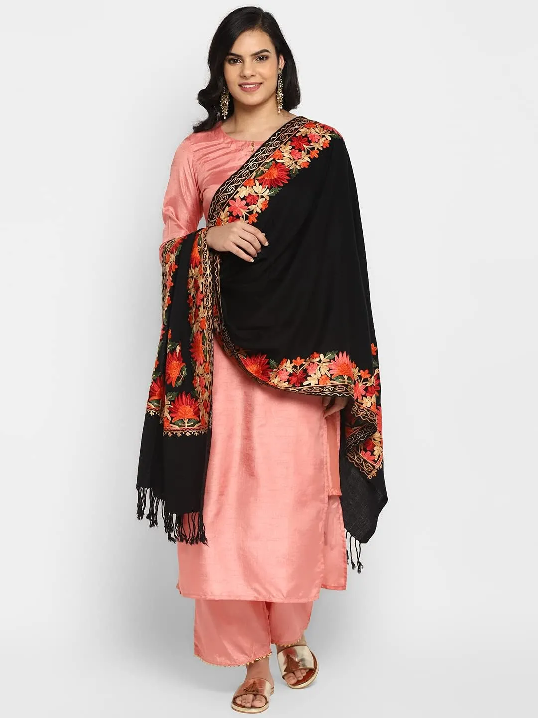 Zamour Women Embroidered Large Scarf Wrap Faux Pashmina Wool, Indian Kashmiri Oversized Winter Scarves Wraps Stole Shawl