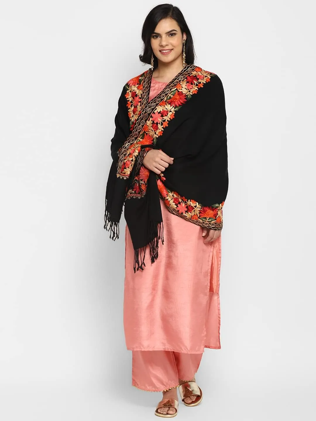 Zamour Women Embroidered Large Scarf Wrap Faux Pashmina Wool, Indian Kashmiri Oversized Winter Scarves Wraps Stole Shawl