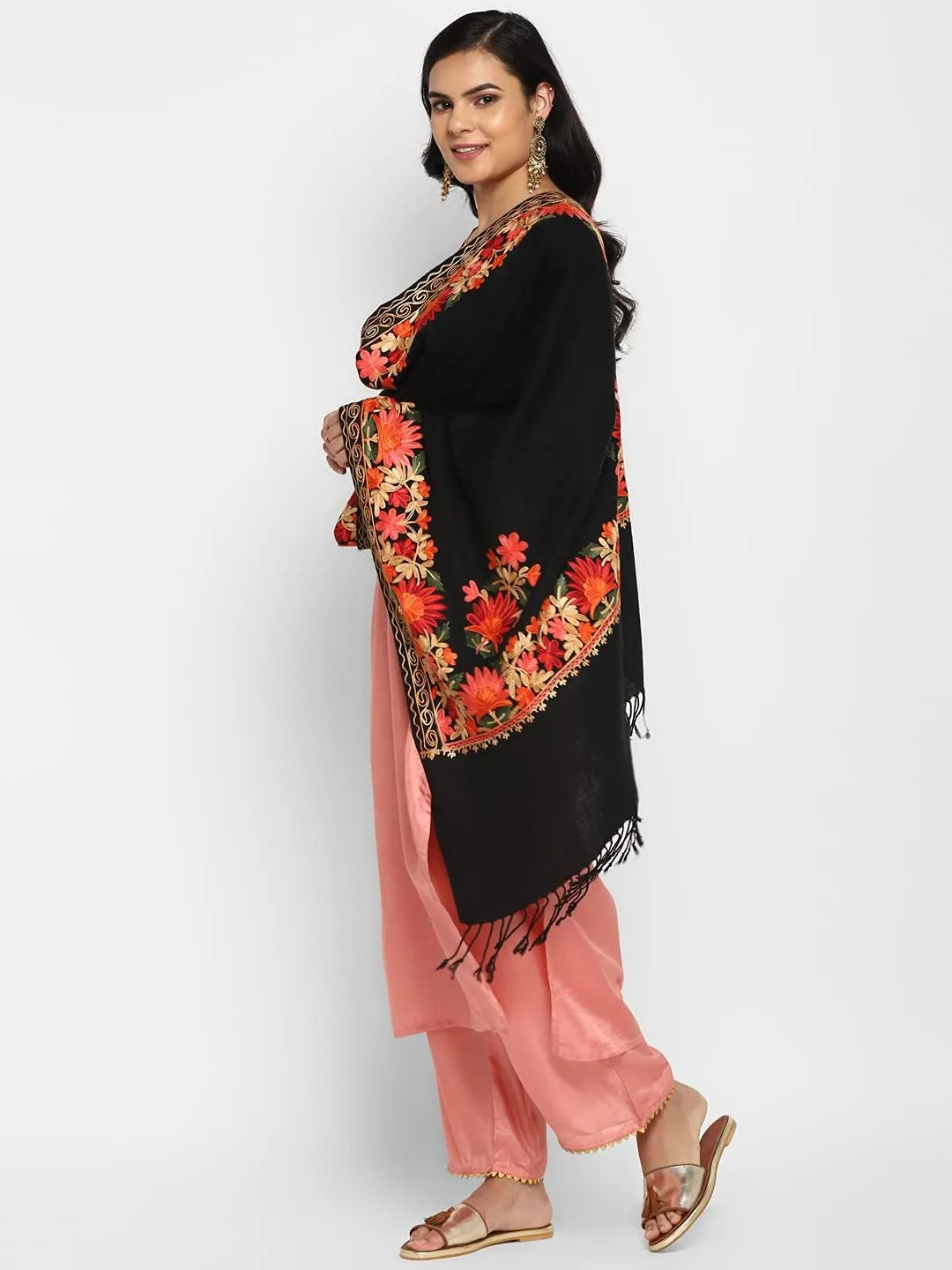 Zamour Women Embroidered Large Scarf Wrap Faux Pashmina Wool, Indian Kashmiri Oversized Winter Scarves Wraps Stole Shawl