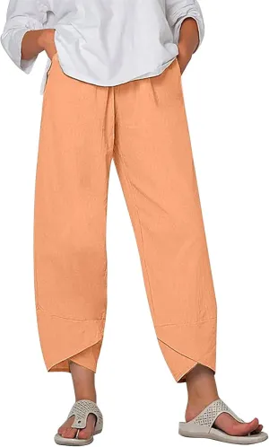 ZOCAVIA Women's Cotton Linen Capri Pants Casual Cropped Baggy Trousers Comfy Loose Palazzo Lounge Pants with Pockets