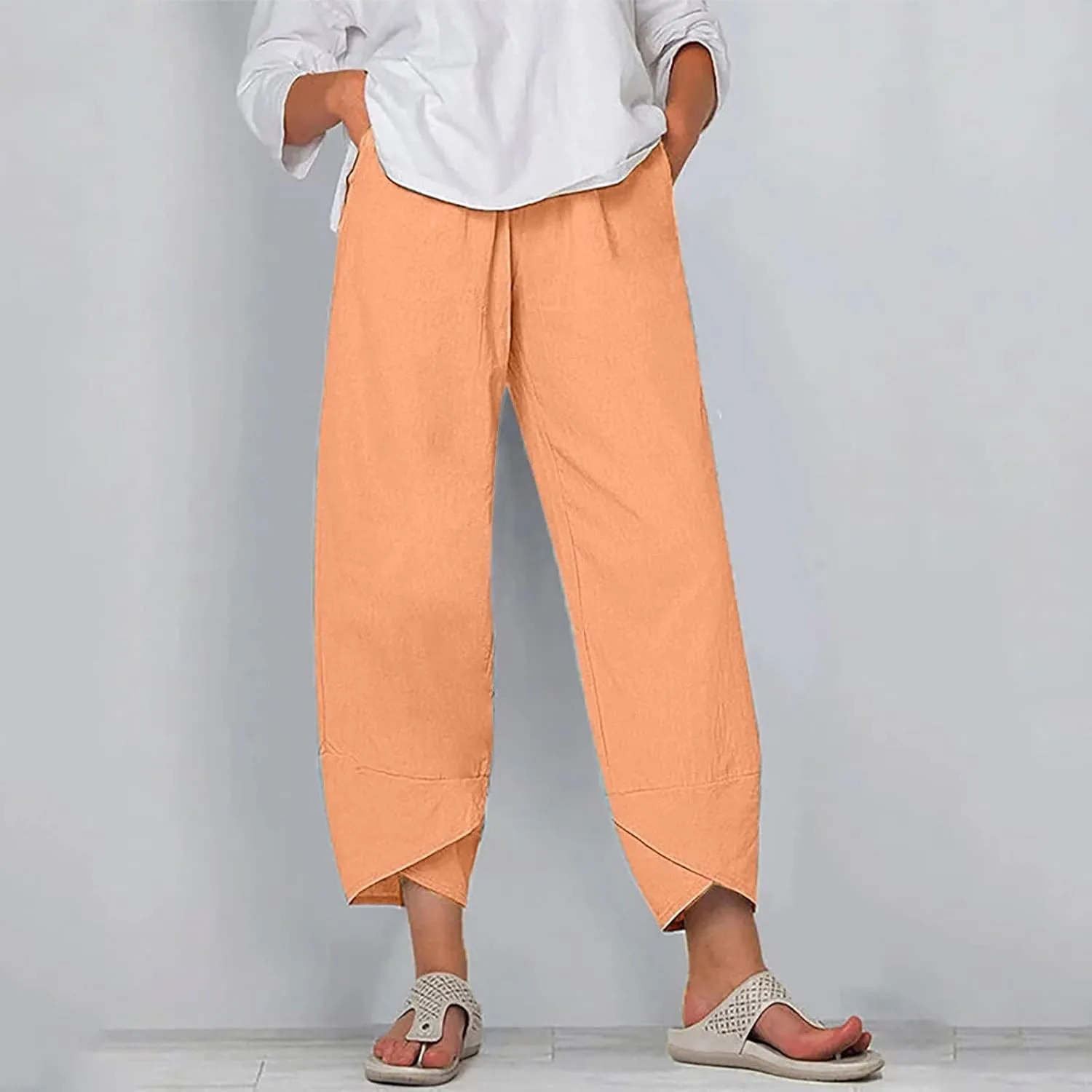 ZOCAVIA Women's Cotton Linen Capri Pants Casual Cropped Baggy Trousers Comfy Loose Palazzo Lounge Pants with Pockets